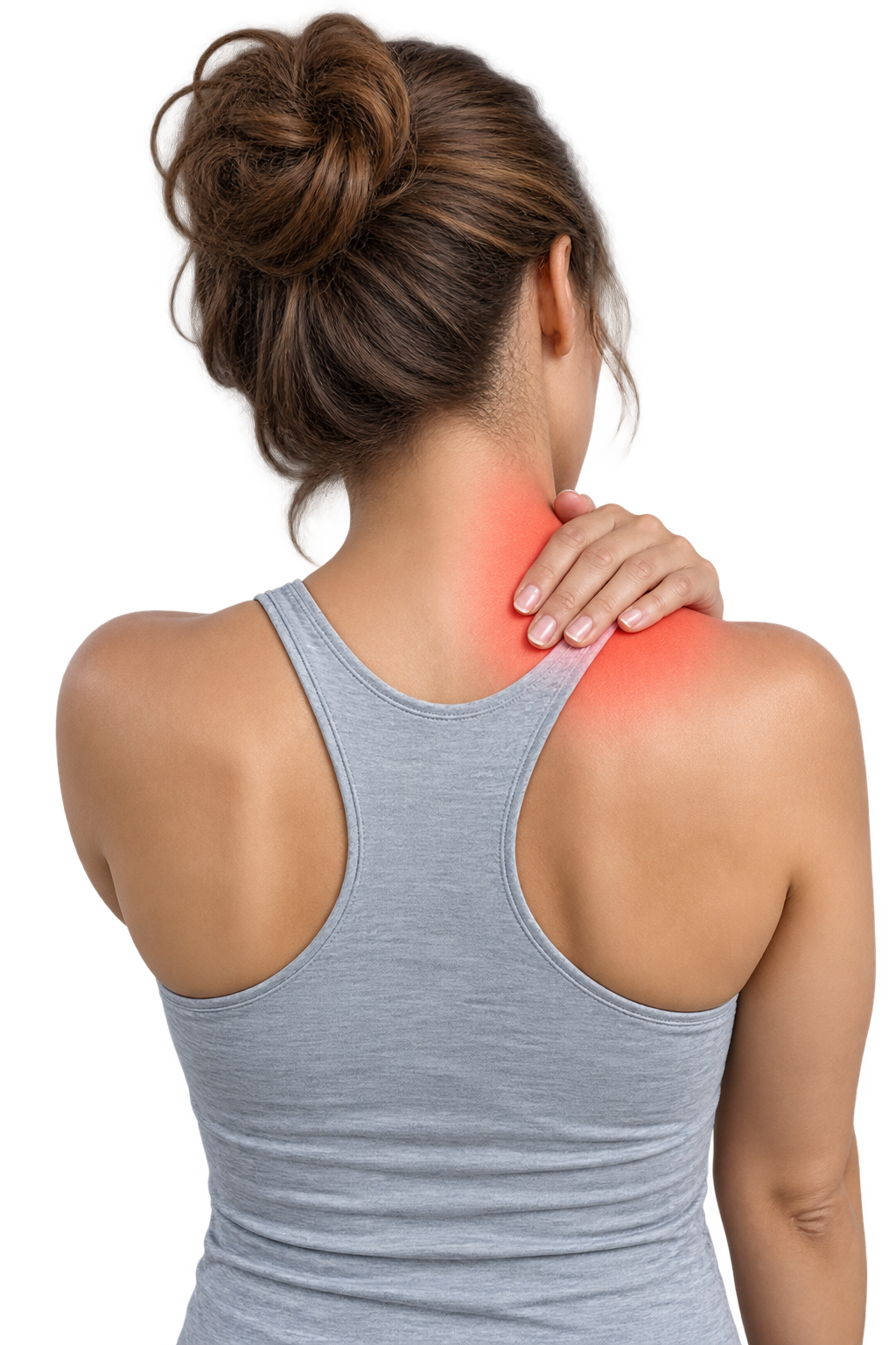 Woman holding her neck and shoulder